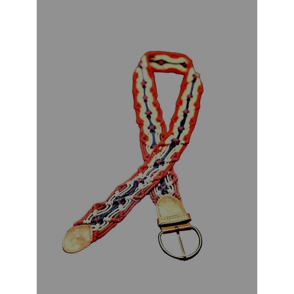 Y2K Women Crochet Braid Wide Belt 42" Red Multi Boho Hippie Round Buckle Leather - Picture 1 of 8
